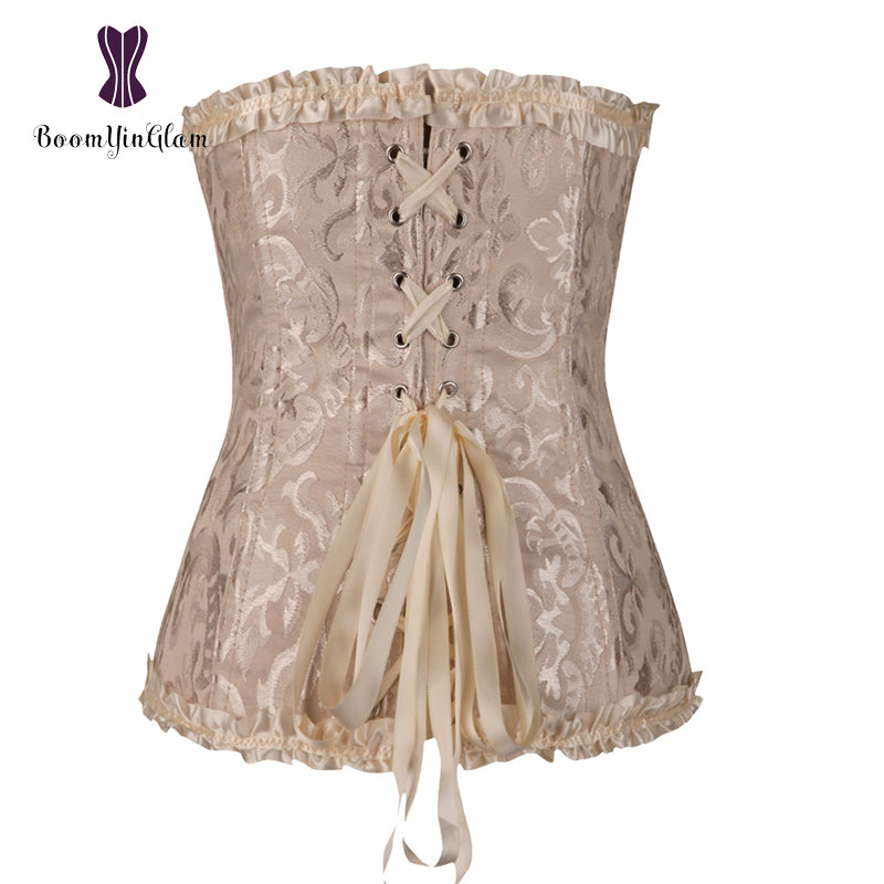 Elegant pleated lace bustier corset with back lacing details and a ruffled neckline