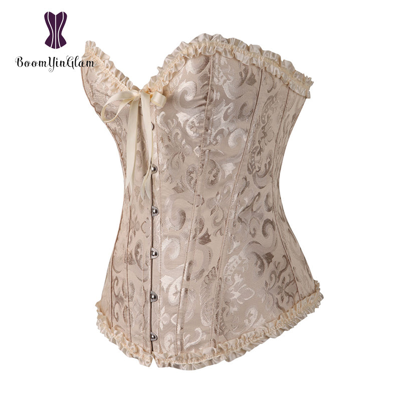 Elegant pleated lace bustier corset with decorative ruffles and satin ribbon detail