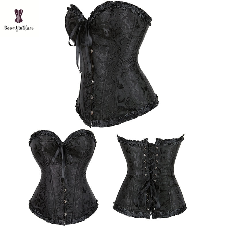 Elegant pleated lace bustier corset in black with ribbon detail and decorative buttons