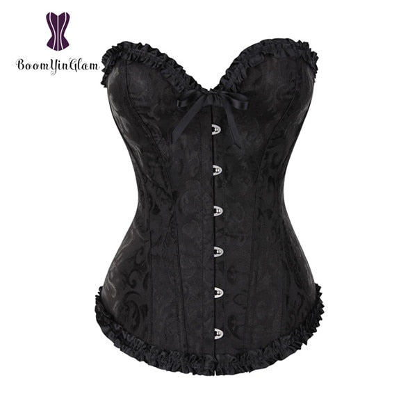 Elegant black pleated lace bustier corset with ruffled edges and front buttons