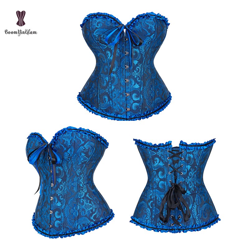 Your Shiny Clothes Pleated Lace Bustier Corset in Blue with Decorative Ruffles and Lace-Up Back