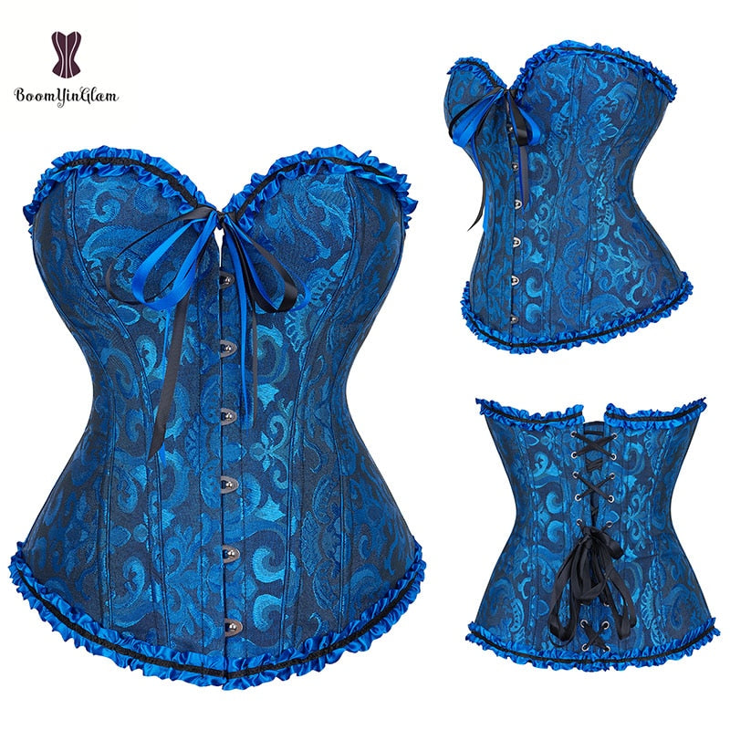 Royal blue pleated lace bustier corset with ruffled edging and lace-up back detailing