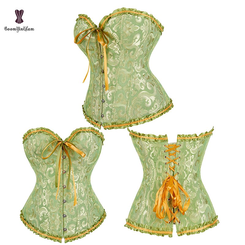 Your Shiny Clothes pleated lace bustier corset in green with lace-up back and ribbon details