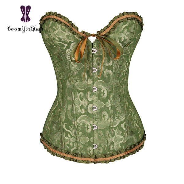 Elegant green pleated lace bustier corset with ruffled edges and satin ribbon detailing