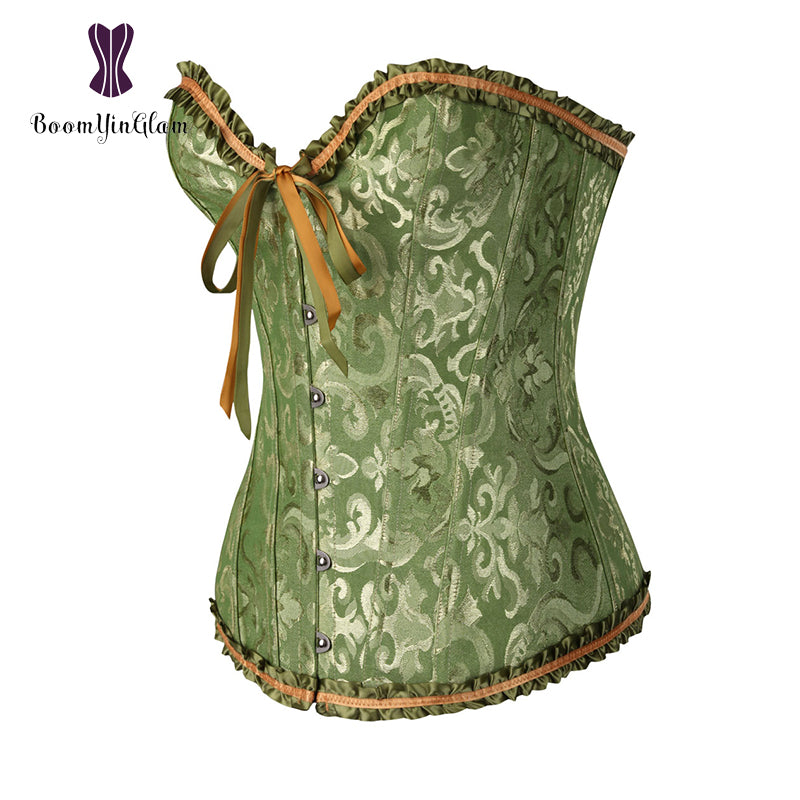 Elegant pleated lace bustier corset in green with decorative trim and ribbon detail