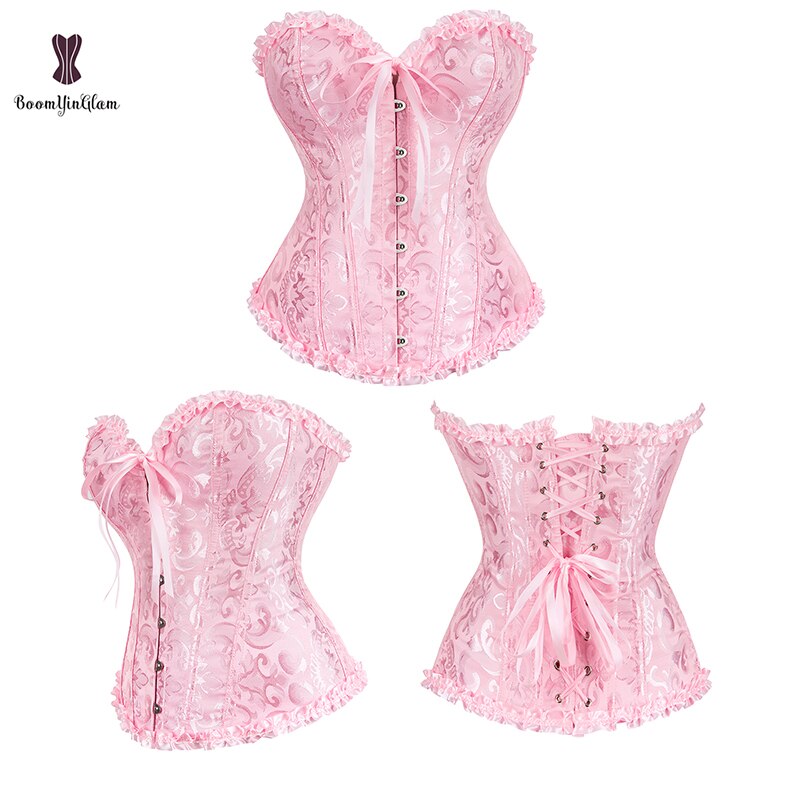Pink pleated lace bustier corset with decorative ruffles and lace-up back for a stylish look