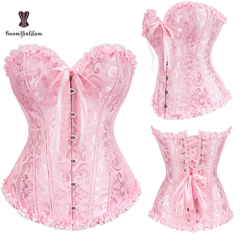 Pink pleated lace bustier corset with ruffled edges and lace-up back for a romantic look