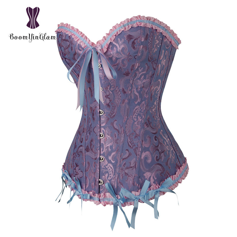 Elegant pleated lace bustier corset in purple with pink trim and ribbon details for a flattering silhouette