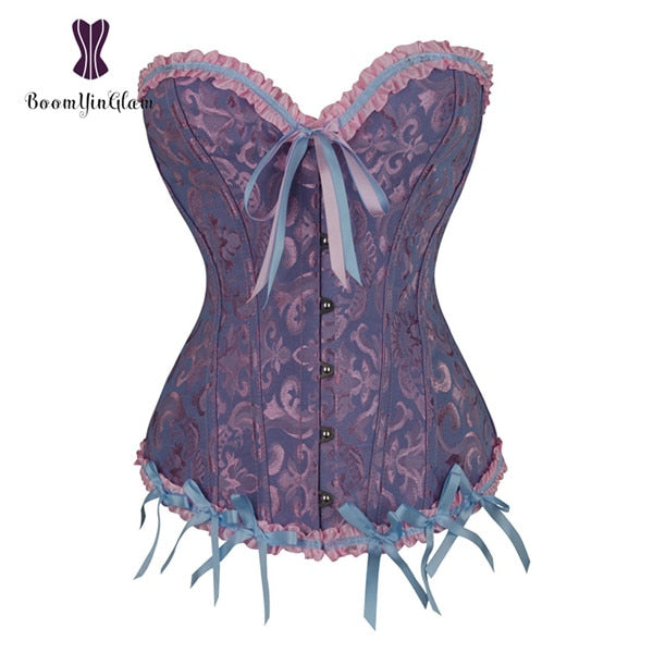 Elegant pleated lace bustier corset in purple with ribbon detailing and decorative edges