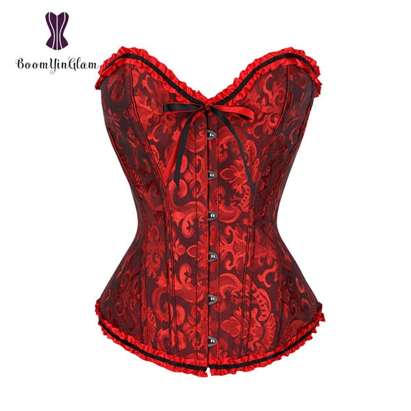 Red pleated lace bustier corset with ruffle trim and front buttons from Your Shiny Clothes