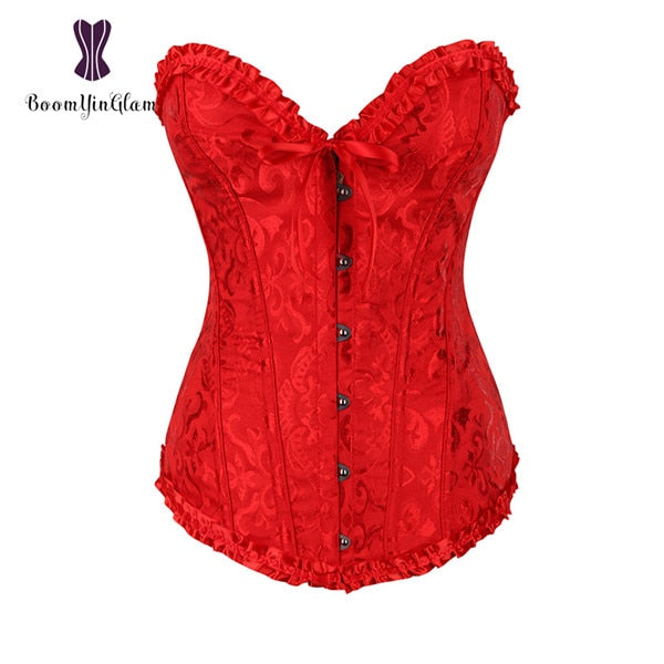 Red pleated lace bustier corset with ruffle trim and button closure for a flattering silhouette