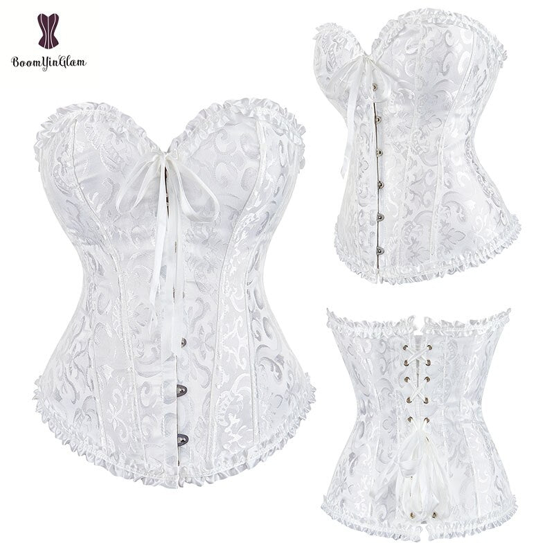 Elegant pleated lace bustier corset in white with adjustable lace-up back for a flattering silhouette