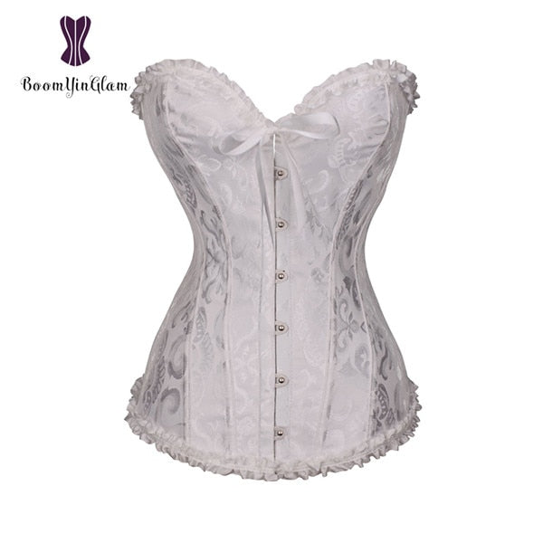 Elegant pleated lace bustier corset in white with floral design and ruffled trim for stylish wear