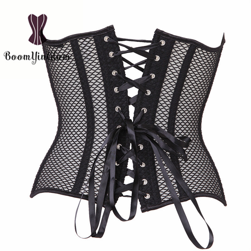 Lace and mesh corset with a lace-up front and satin ribbon ties for a stylish silhouette