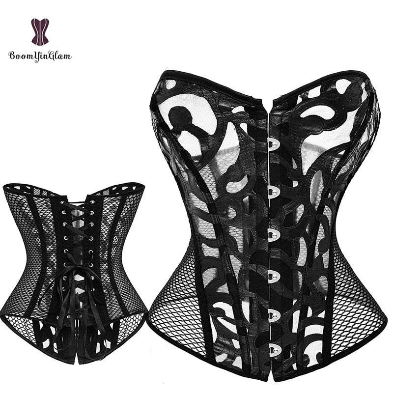 Black lace and mesh corset designed for a stunning silhouette and comfortable wear