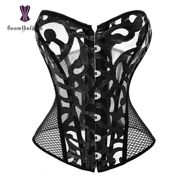 Black lace and mesh corset with intricate design and front button closure for a flattering fit