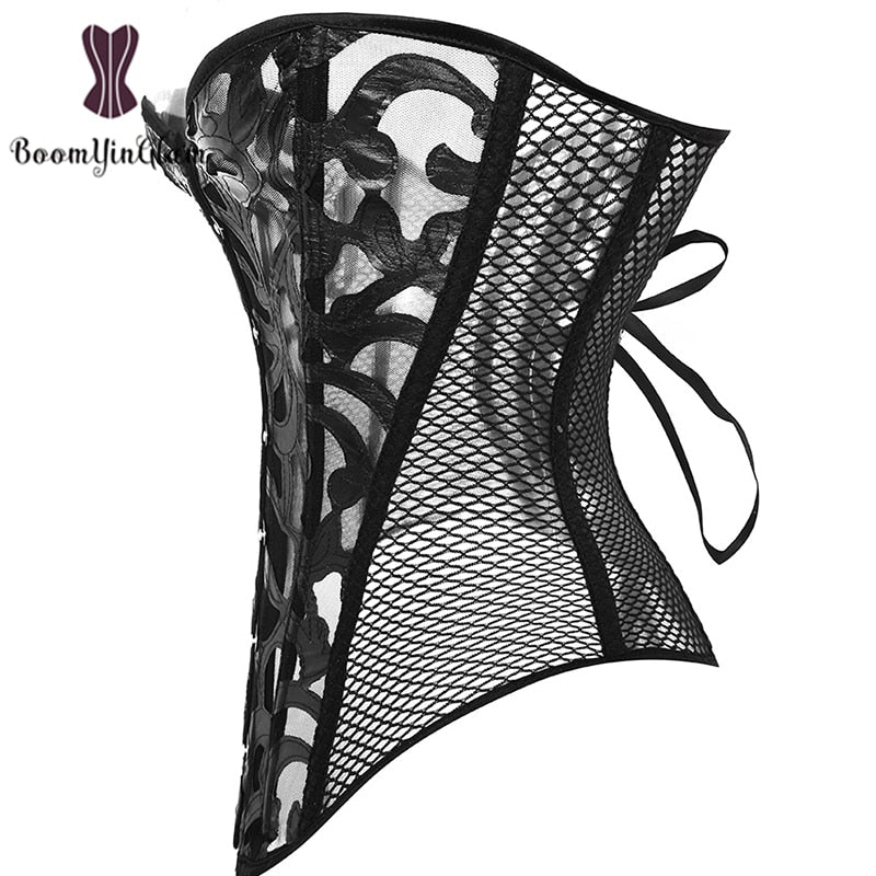 Black lace and mesh corset featuring floral patterns and elegant lacing details for a flattering silhouette