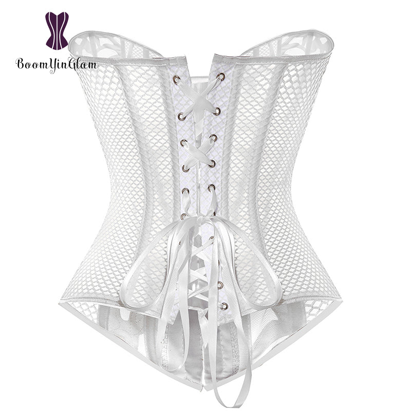 Elegant lace and mesh corset in white with a lace-up back and intricate mesh detailing