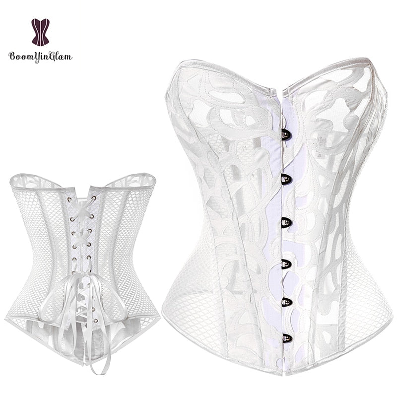 Elegant lace and mesh corset in white with a structured design and lace-up back detail