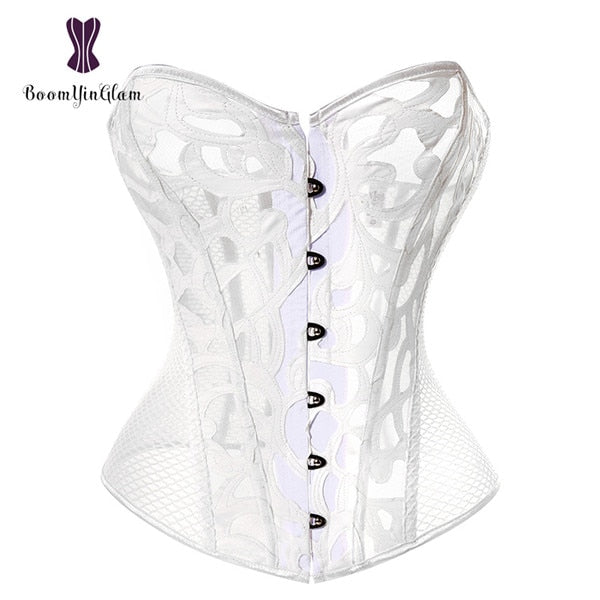 Elegant lace and mesh corset in white featuring a stylish button front design