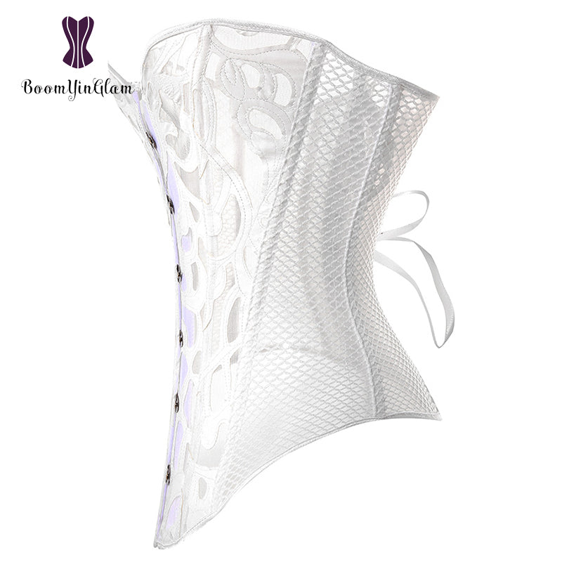 Elegant lace and mesh corset in white with a fitted design and lace-up back for a flattering silhouette