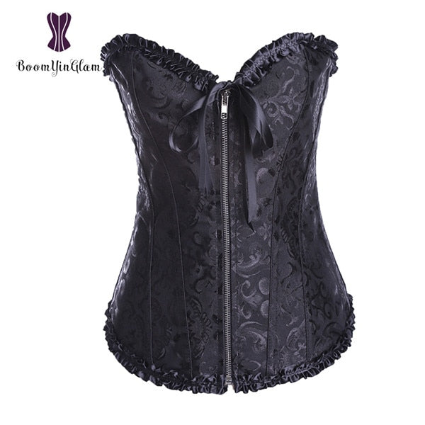 Elegant black zipper lace up corset with intricate floral design and ruffle details for a flattering fit