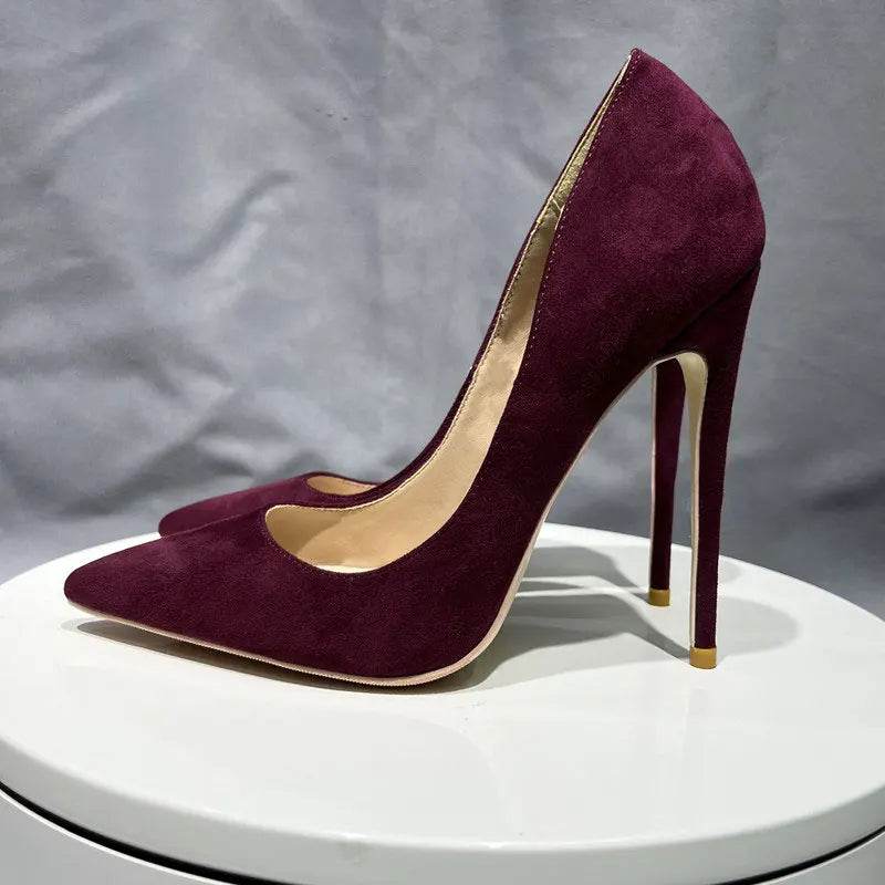 Burgundy Faux Suede Pointy Toe High Heel Shoes - Your Shiny Clothes