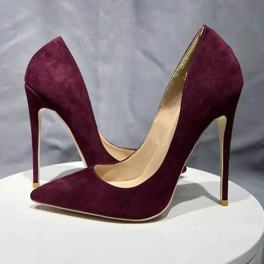 Burgundy Faux Suede Pointy Toe High Heel Shoes - Your Shiny Clothes