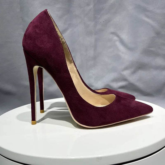 Burgundy Faux Suede Pointy Toe High Heel Shoes - Your Shiny Clothes