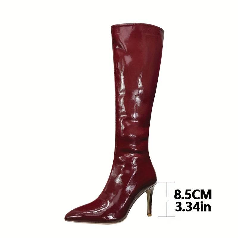 Burgundy Red Patent Leather Knee High Boots - Your Shiny Clothes