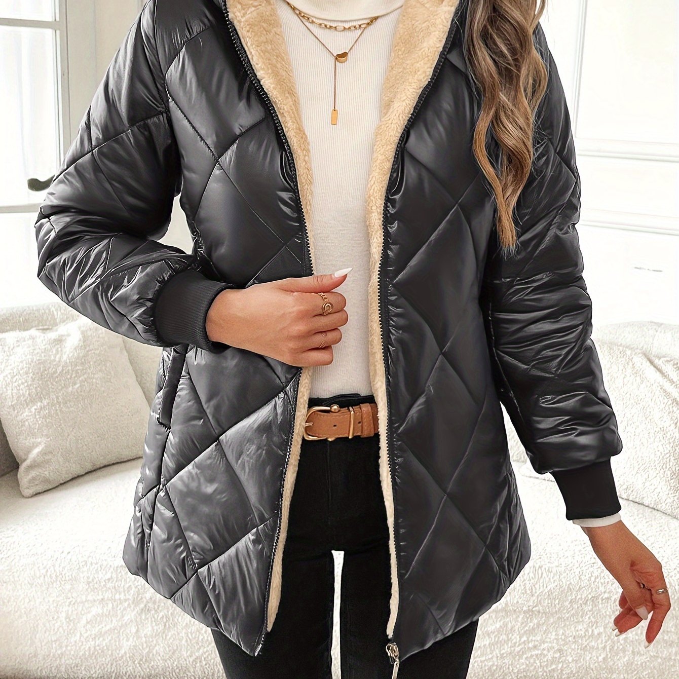 Quilted Puffer Jacket with Zipper Hood - Your Shiny Clothes