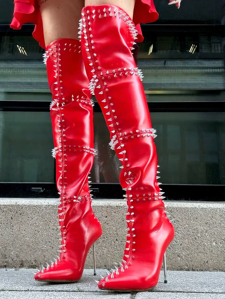 Glossy Patent Leather Rivet Thigh-High Stiletto Boots