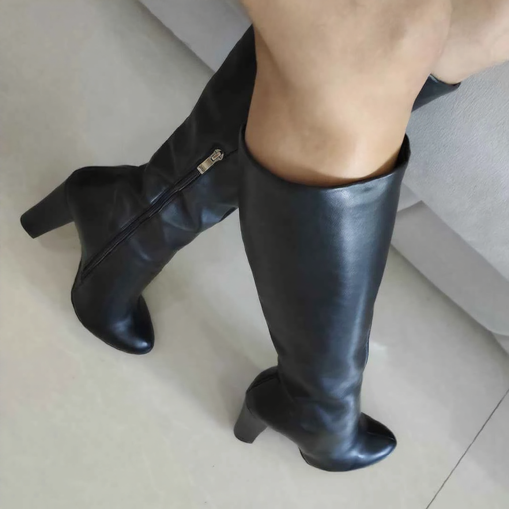 Faux Leather Knee-High Boots – Thick Heel & Zip Design