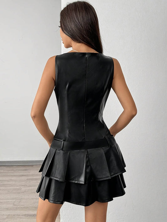 Elegant Sleeveless Black PU Leather Pleated Dress - Your Shiny Clothes