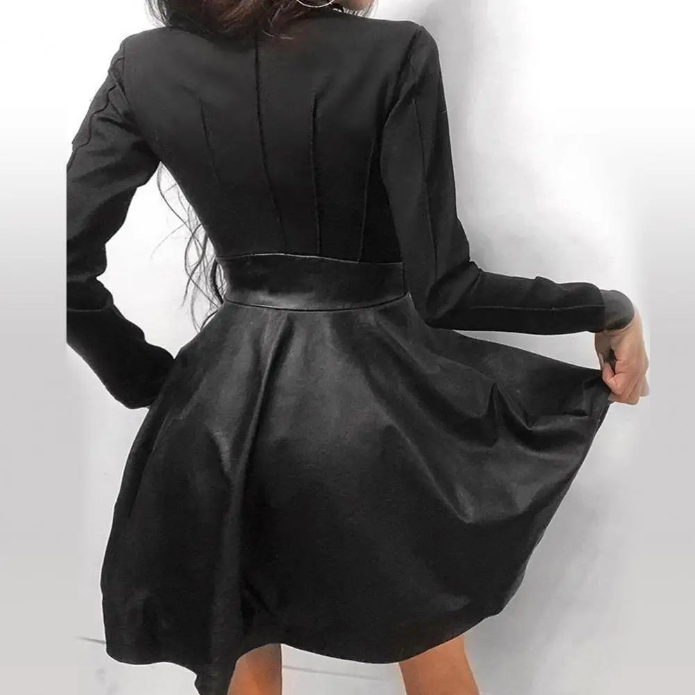 Back view of a stylish faux leather lace mini dress with long sleeves and a flared skirt