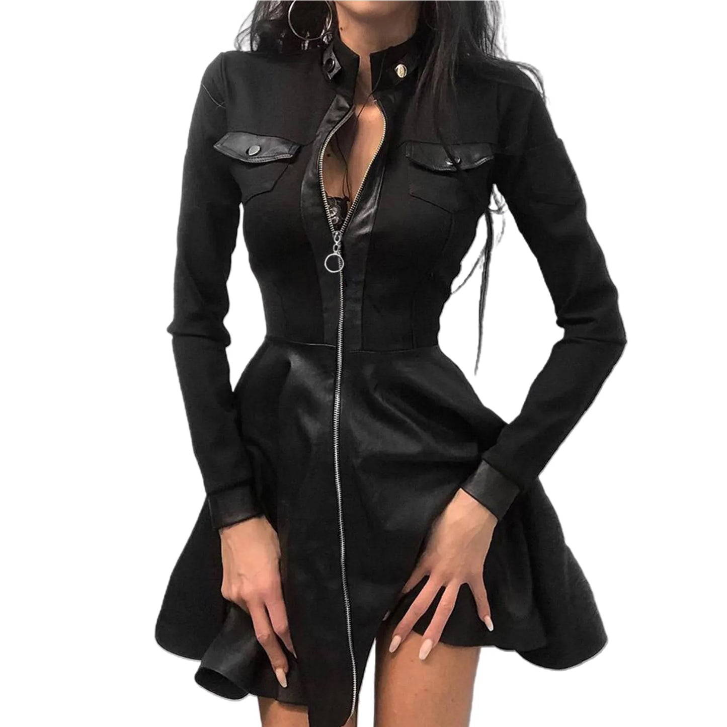 Stylish faux leather lace mini dress with front zipper and long sleeves for a trendy look