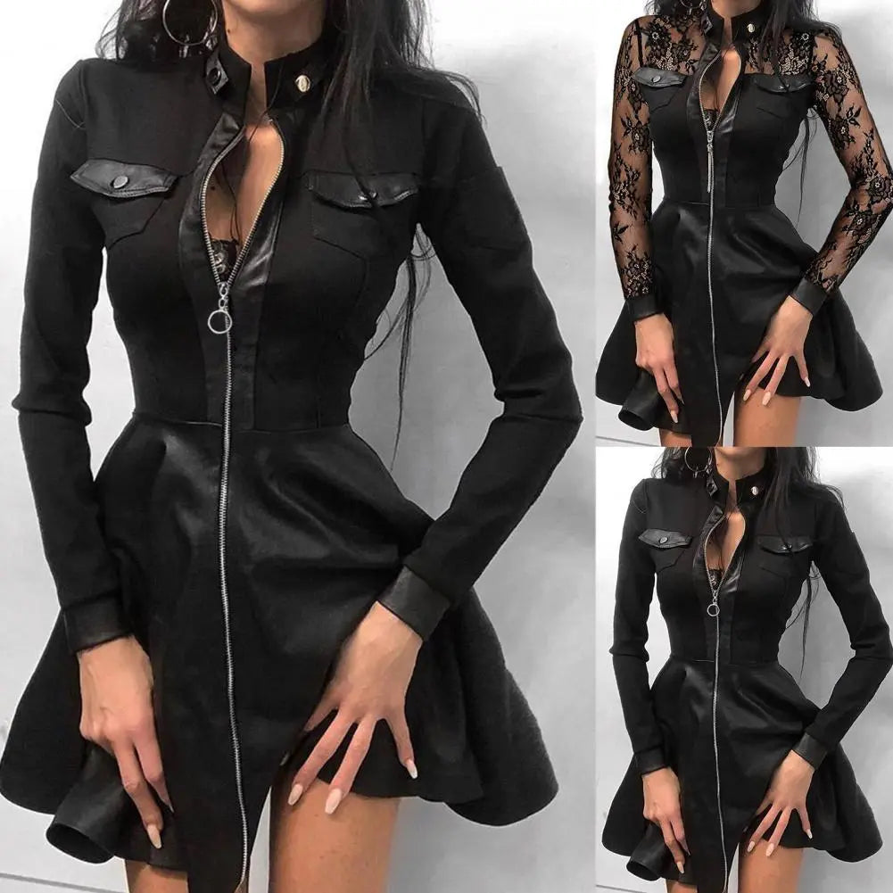 Faux leather lace mini dress with a stylish zipper and long lace sleeves for a chic look