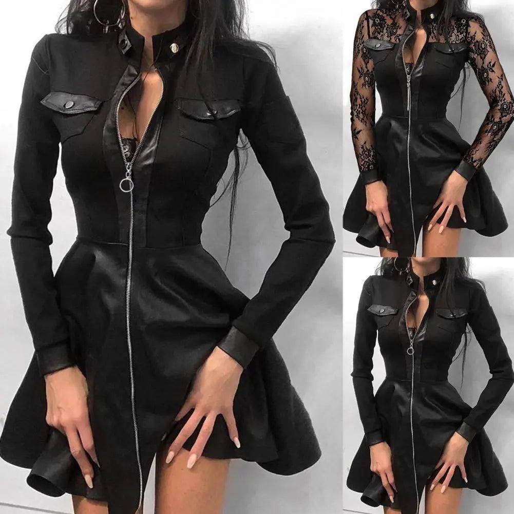 Your Shiny Clothes Faux Leather Lace Mini Dress - Your Shiny Clothes