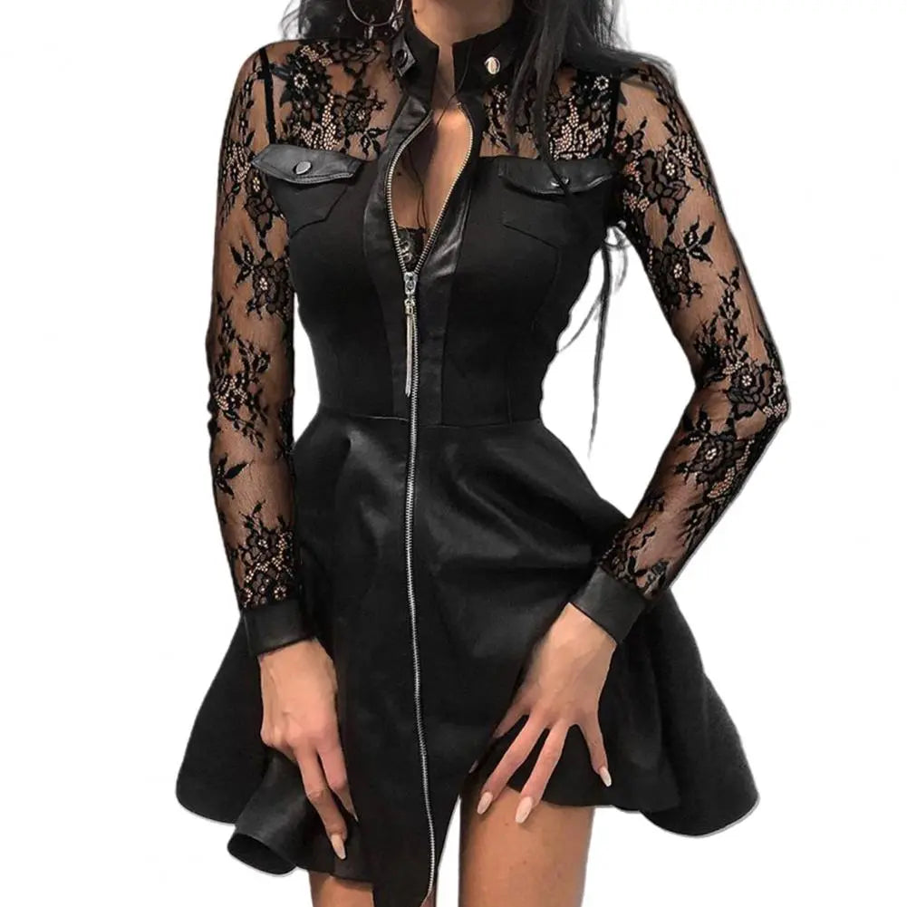 Faux leather lace mini dress in black with long lace sleeves and zip closure for a stylish look