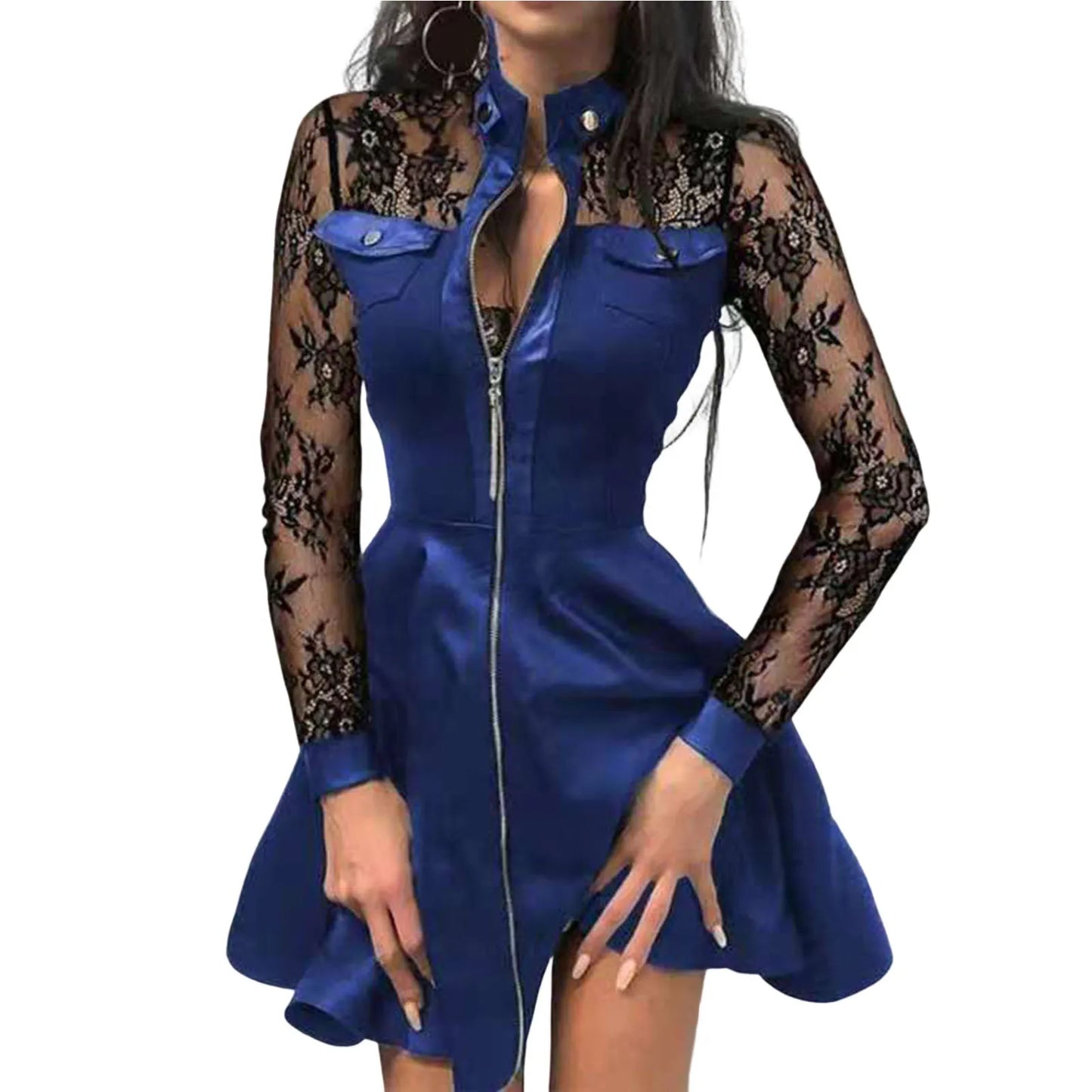 Stylish faux leather lace mini dress with long sheer lace sleeves and a flattering fit
