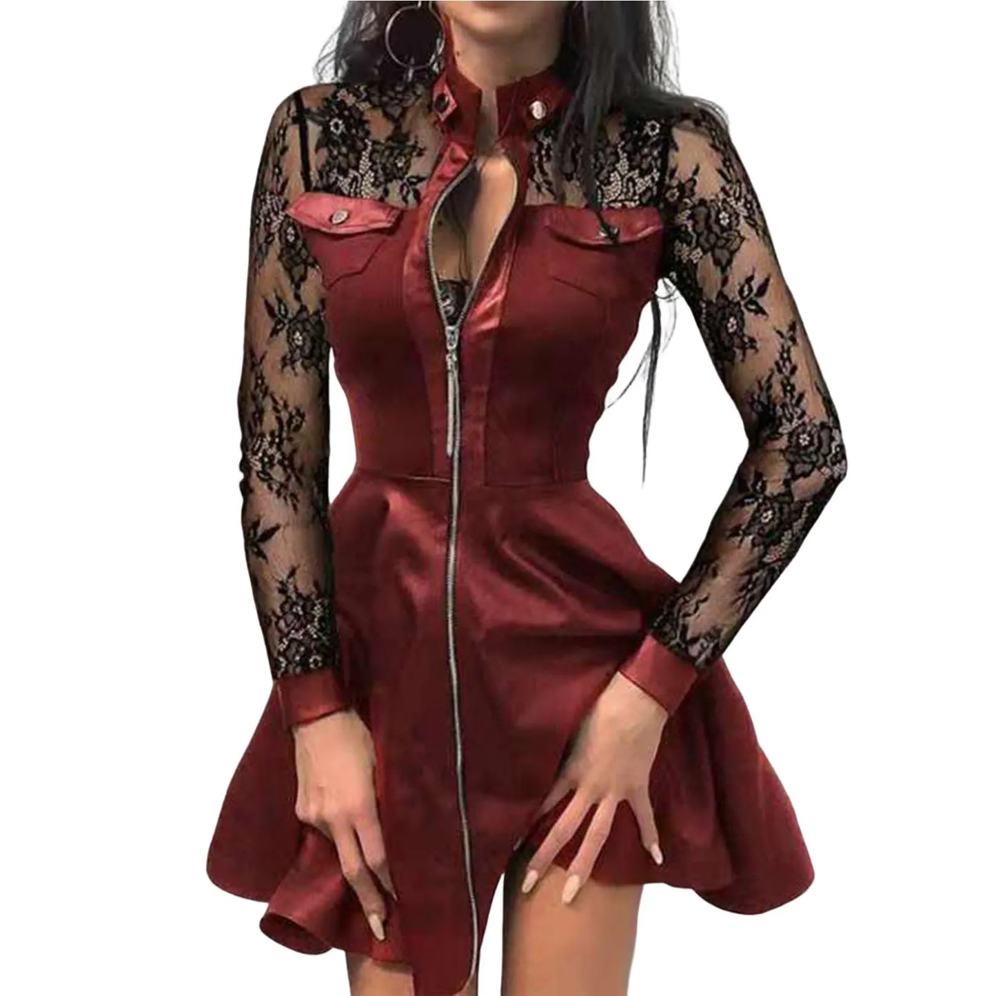 Stylish faux leather lace mini dress in burgundy with long lace sleeves and zip front design