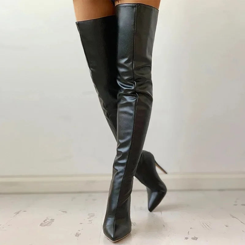 Stylish faux leather over the knee boots with a sleek pointed toe design for chic fashion looks