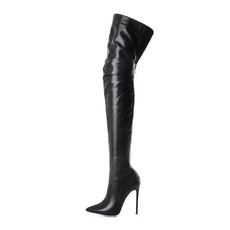 Stylish faux leather over the knee boots with stiletto heels for a chic look