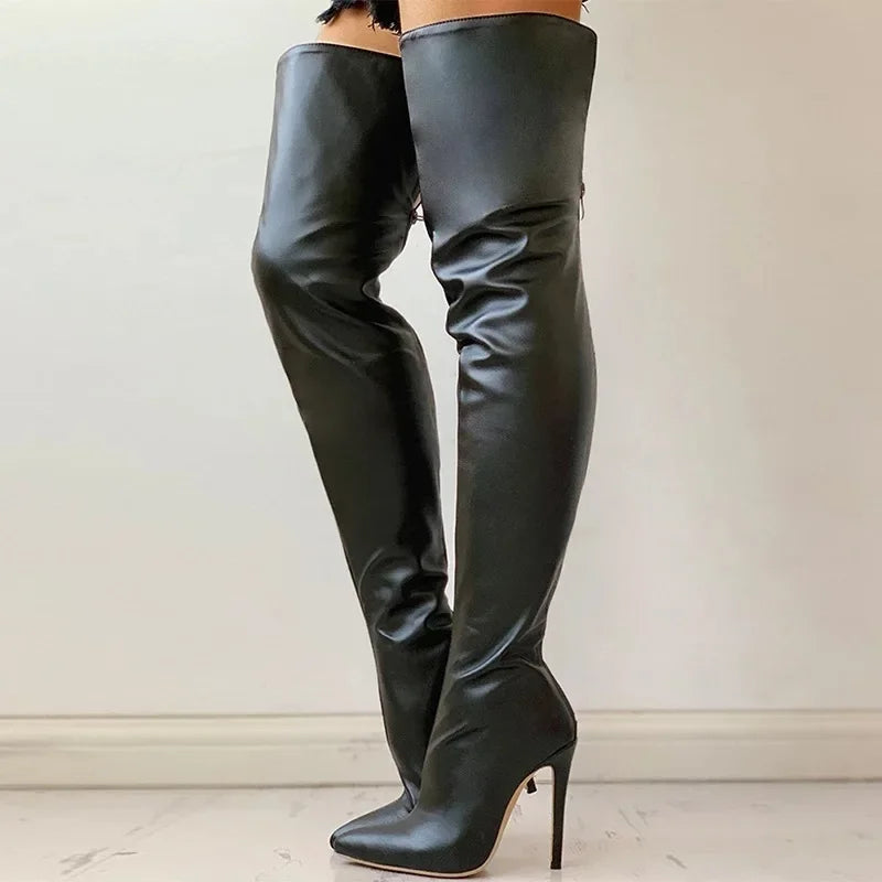 Stylish faux leather over the knee boots with high heels for a trendy look