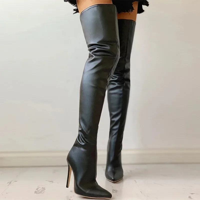 Stylish faux leather over the knee boots with high heels for a chic and fashionable look