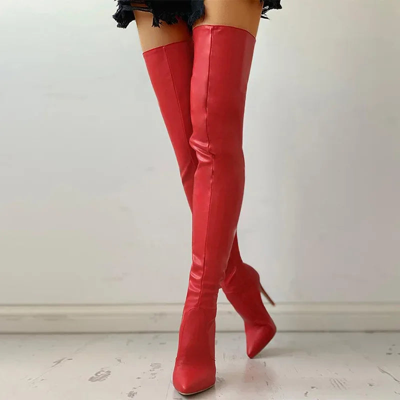 Bold red faux leather over the knee boots with a sleek design for a stylish look