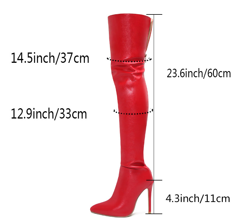 Red faux leather over the knee boots with a sleek design and high heel for a stylish look