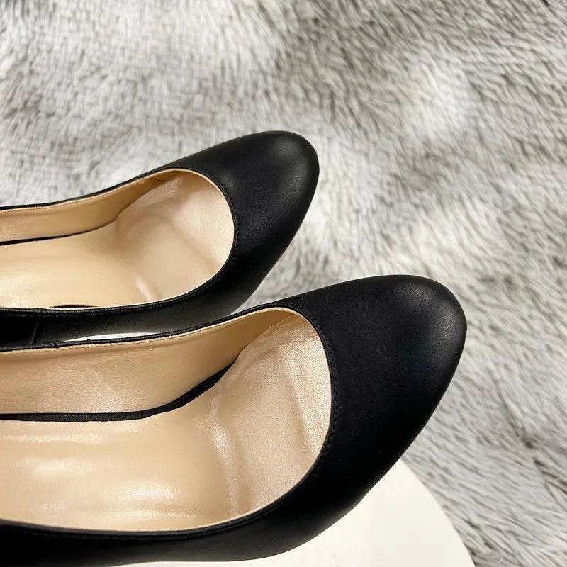 Black Matte Faux Leather Round Toe High Heels - Your Shiny Clothes