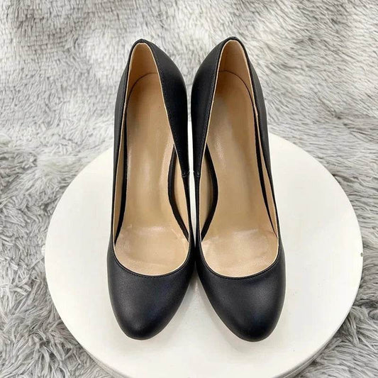 Black Matte Faux Leather Round Toe High Heels - Your Shiny Clothes
