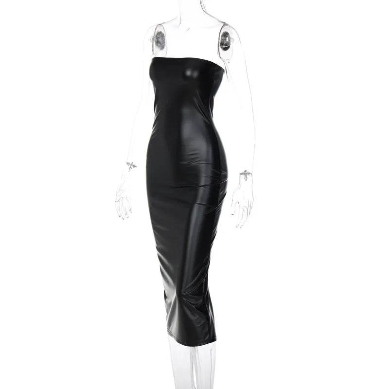 Faux Leather Sleeveless Strapless Mid Length Dress - Your Shiny Clothes